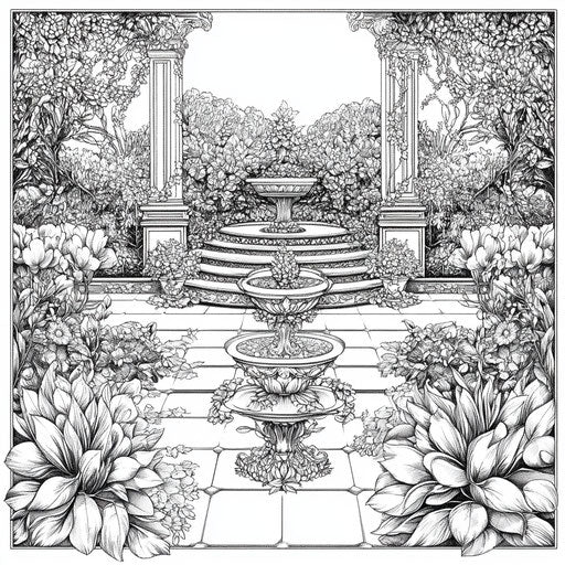 Detailed garden with plant patterns and sculptures, coloring book