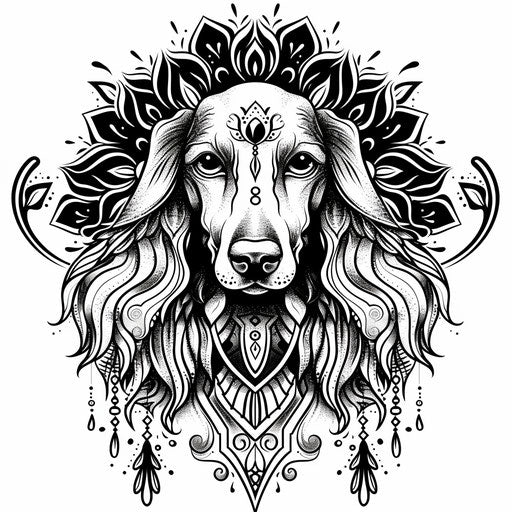 Exotic flat clipart style sketch for dog outline tattoo with ornate Middle Eastern patterns