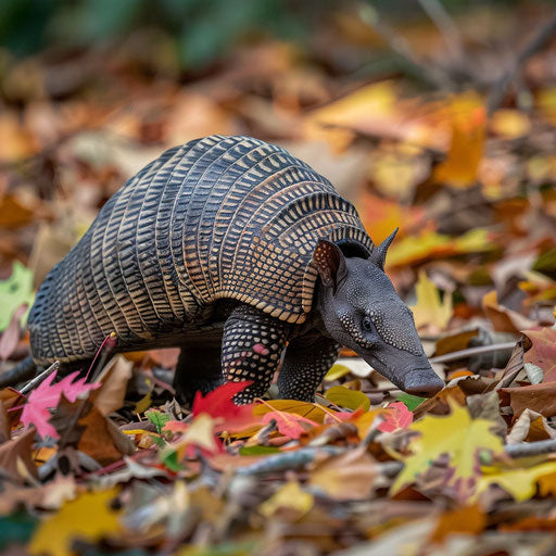 An armadillo navigating through a leafy forest with autumn colors
