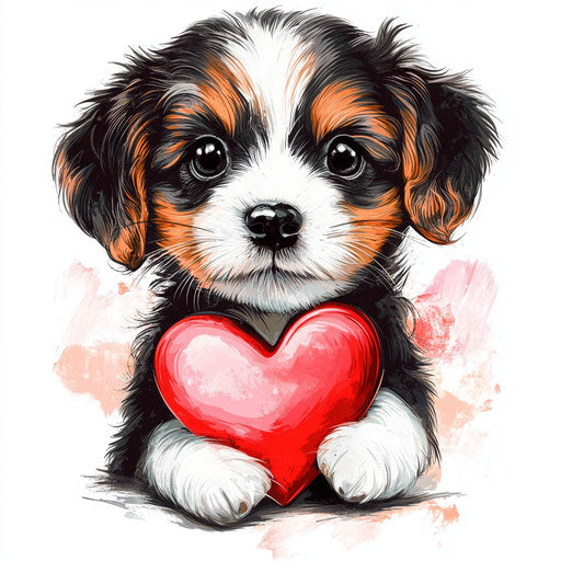 Cute puppy with heart, airbrush art in red and pink