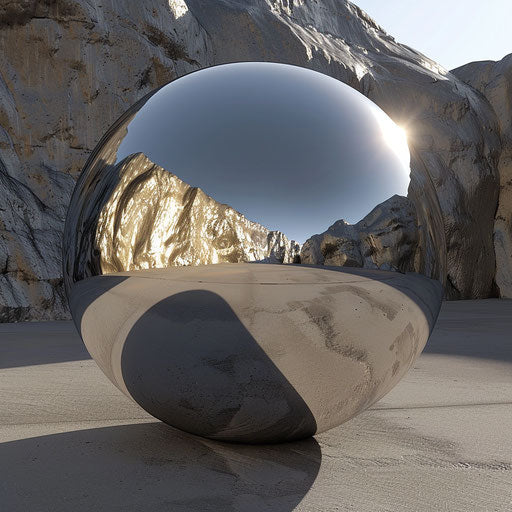 3D-rendered metallic sphere reflecting environment