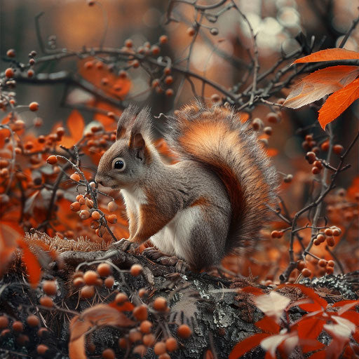 Squirrel with fluffy tail in an autumn scene