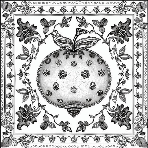 Ornate jeweled fruit with luxurious patterns Raqib Shaw style