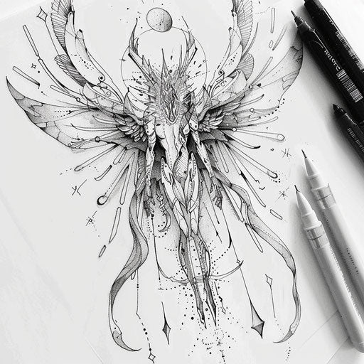 Artistic sketch of a shinigami with ethereal wings and patterns