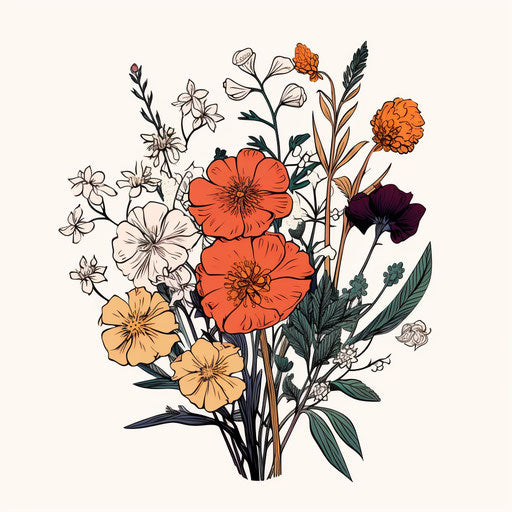 Colorful flowers, minimalist black and white drawing