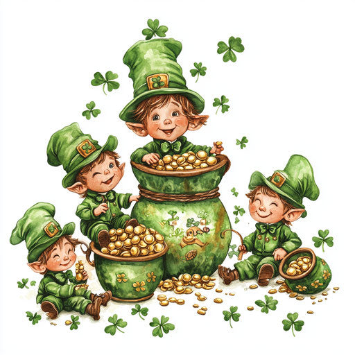 St. Patrick's Day, cute baby leprechauns by pots of gold and shamrocks