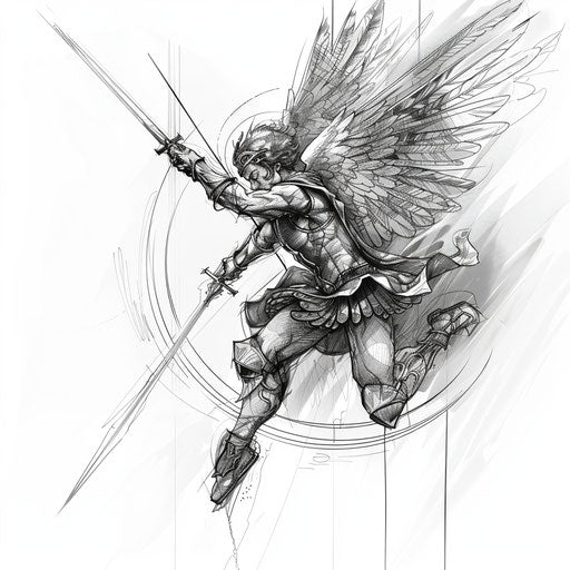 Saint Michael in battle, sketch tattoo style
