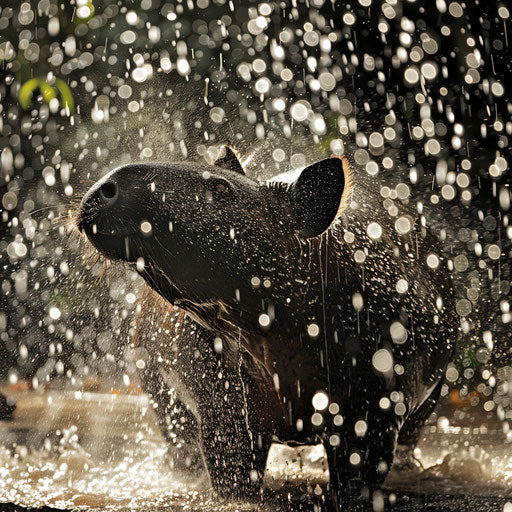 Baird's tapir shaking off water in tropical rainstorm