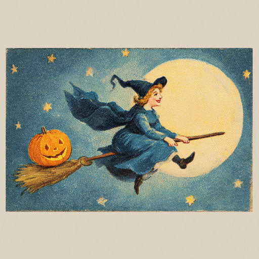 Whimsical Witch on a Broomstick Under a Starry Sky