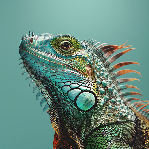 Realistic iguana illustration with teal flat background