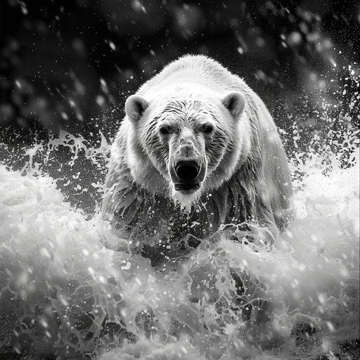 Polar bear advancing through a snowstorm with determination