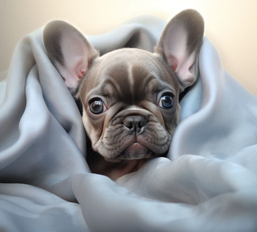 Small French bulldog puppy sitting behind a blanket