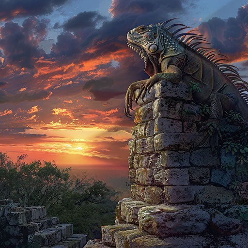 Majestic iguana on ancient ruins at sunset