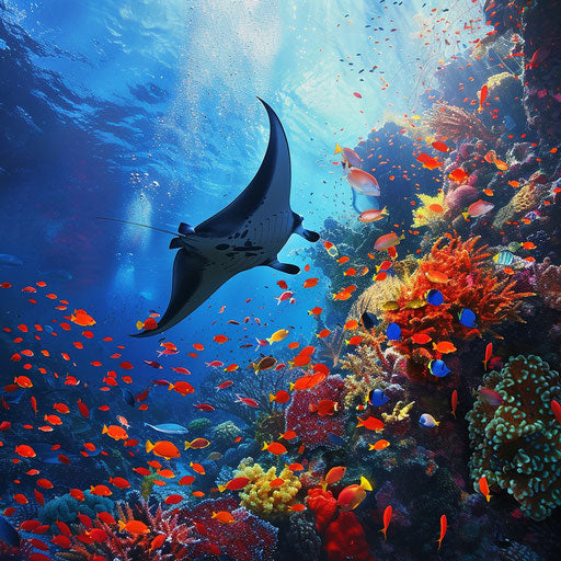 Manta ray exploring a vibrant coral reef with colorful fish
