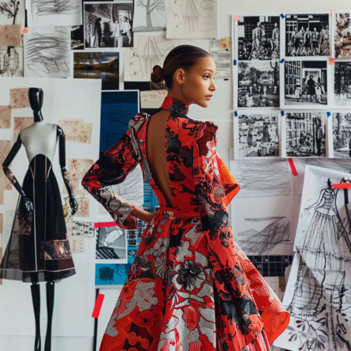 Creating commercial images of a fashion designer in a studio surrounded by fabrics and sketches