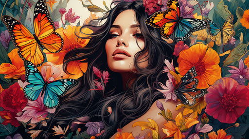 Girl by flowers and butterflies, mesoamerican, Botticelli