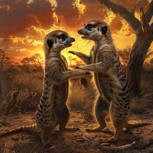 Meerkats interacting with another savanna animal