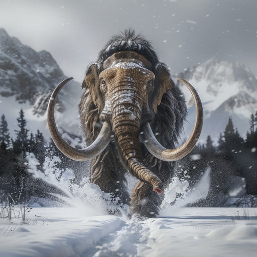 Charging woolly mammoth in tundra