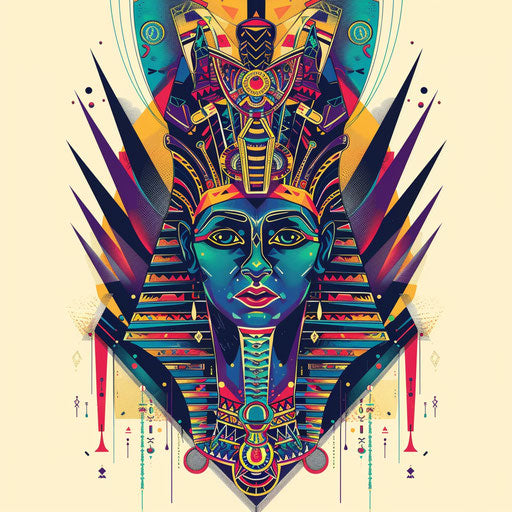 Vibrant tattoo sketch of a pharaoh with geometric patterns