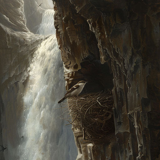 Creeping bird in a nest hidden within a towering waterfall