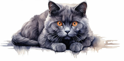 Grey cat with orange eyes on white background, in dark purple and light indigo style, masculine 39:19