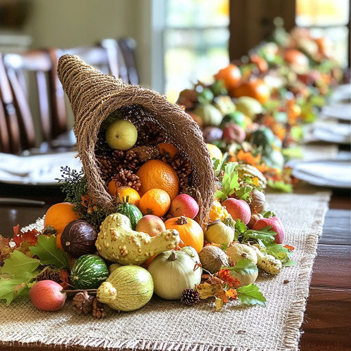 Thanksgiving centerpiece with a cornucopia spilling out autumn fruits, nuts, and small gourds, all set on a burlap runner