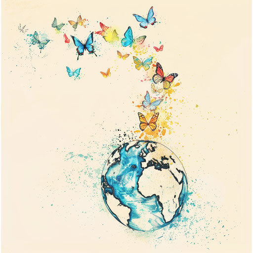 Tattoo sketch of globe with trail of cheerful butterflies