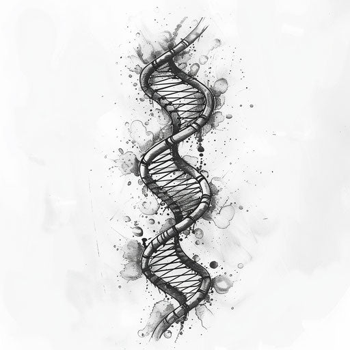 Elegant DNA tattoo sketch with fine black lines and subtle gray shading, clipart style