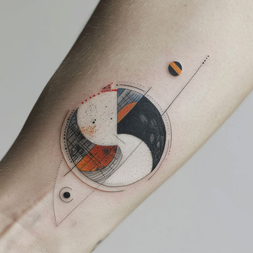Art Deco yin and yang tattoo with bold geometric shapes and metallic colors on white background