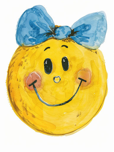 Yellow emoji with a blue bow, serene faces style