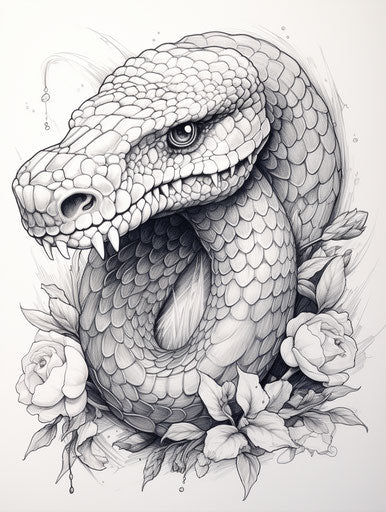 Black venom snake tattoo, black and white coloring pages, textured pointillism style
