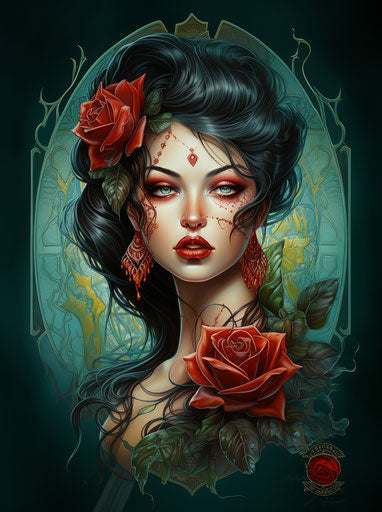 Tattoo with woman and red rose, dark yellow and dark emerald style