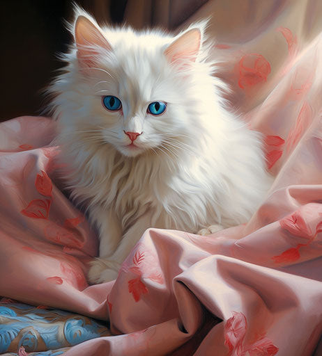 Cute pink and white cat on blanket with big blue eye in Persian miniature style
