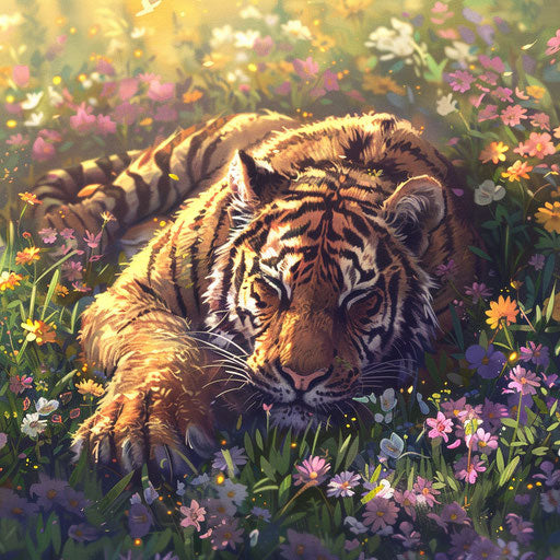 Tiger in field of flowers