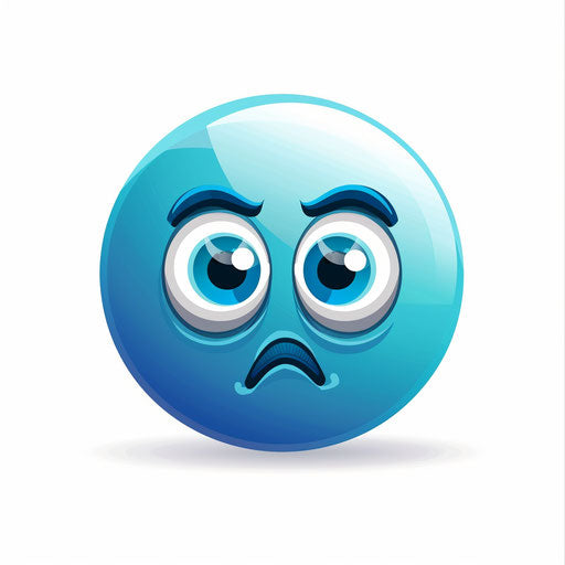 Sad face emoji on white background with blue ball, big eyes