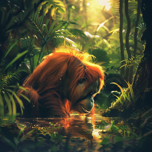 Orangutan drinking from a stream in the forest