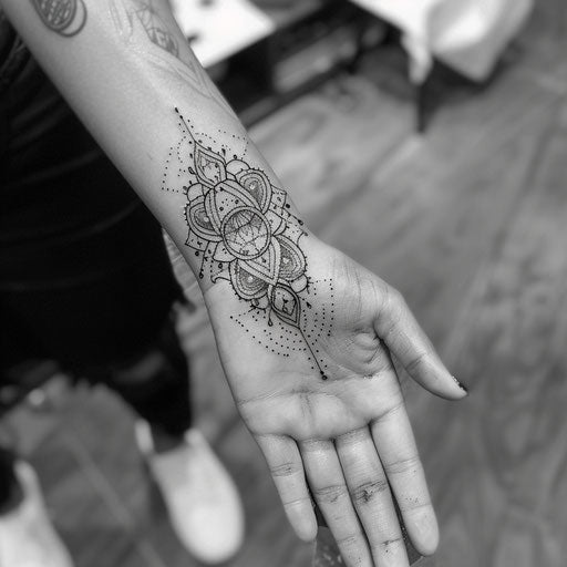 Sketch of a complex mandala tattoo with geometric patterns for wrist coverup tattoo for women
