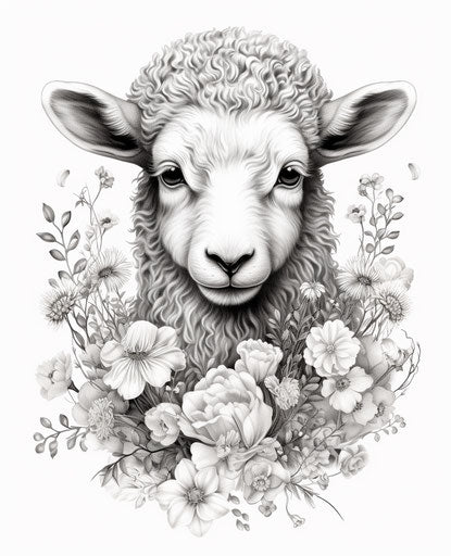 Tattoo of sheep with flowers, realistic yet stylized style