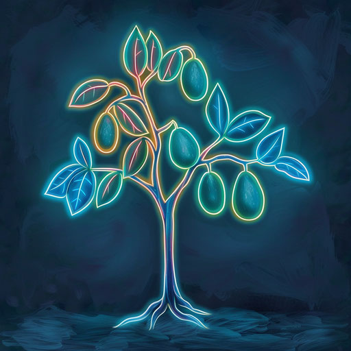 Flat tattoo sketch inspired by nature of an avocado tree with glowing neon leaves