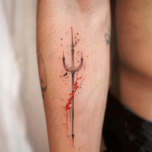 A modern minimalist trident tattoo with thin black lines and splashes of red, on a white backdrop.