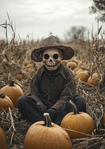 Scarecrow in a pumpkin patch with spooky background
