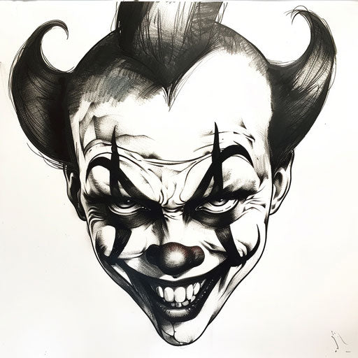 Intricate black and white clown face tattoo design