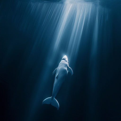 Beluga emerging from depths with light filtering through