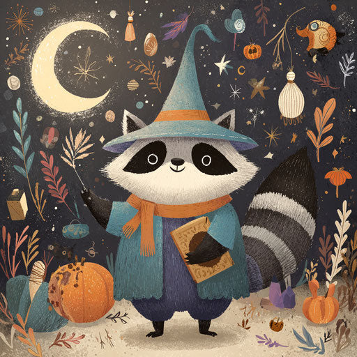 A cute raccoon dressed as a wizard