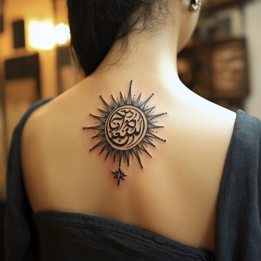 Arabic tattoo with sunburst design surrounding a name on shoulder