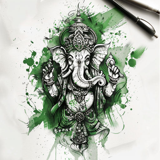 Adventurous Ganesha tattoo sketch, clipart style with jungle green colors and wild textures