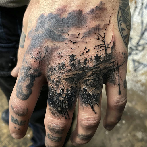 Finger tattoo epic fantasy battles, Peter Jackson style