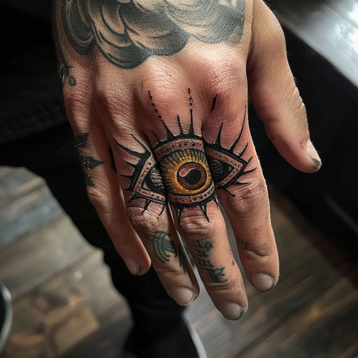 Tattoo of a mystical eye on the finger in Gerald Brom style