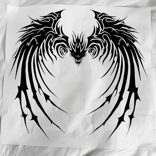 Tribal dragon wing tattoo stencil with bold black lines on a white sheet