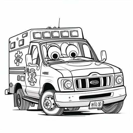 Whimsical cartoon ambulance with a smiling face